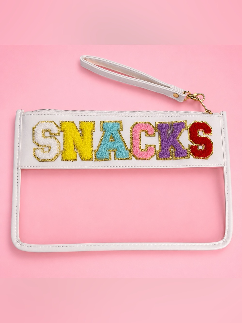 White Wristlet Clutch with 'SNACKS' Multicolor Lettering